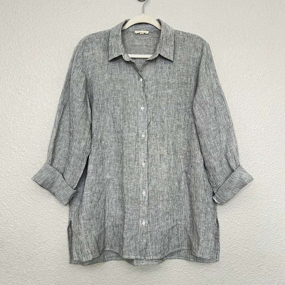 Eileen Fisher Women'sGray Linen Solid Collared 3/4 Sleeve Button-Up